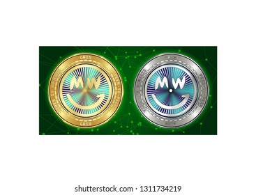 Golden and silver GRIN cryptocurrency coins on blockchain green background. GRIN cryptocoin color concept. Cryptocurrency coins with GRIN symbol. Schematic green blockchain