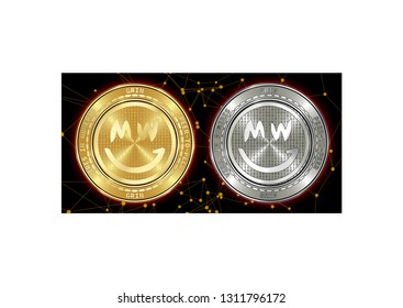 Golden and silver GRIN cryptocurrency coins on blockchain black background. GRIN cryptocoin concept. Cryptocurrency coins with GRIN symbol. Schematic black blockchain