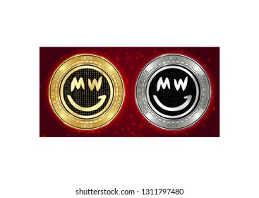 Golden and silver GRIN cryptocurrency coins on blockchain red background. GRIN cryptocoin concept. Cryptocurrency coins with GRIN symbol. Schematic red blockchain