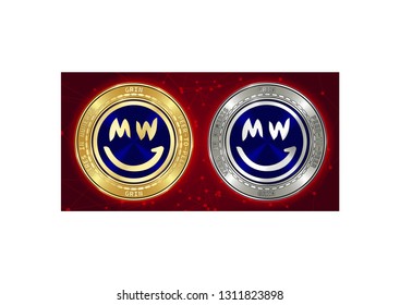 Golden and silver GRIN cryptocurrency coins on blockchain red background. GRIN cryptocoin concept. Cryptocurrency coins with GRIN symbol. Schematic red blockchain