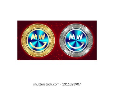 Golden and silver GRIN cryptocurrency coins on blockchain red background. GRIN cryptocoin concept. Cryptocurrency coins with GRIN symbol. Schematic red blockchain