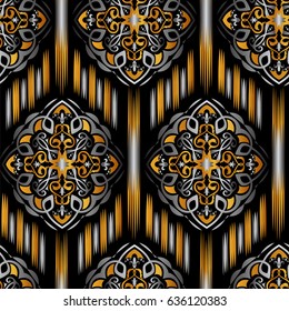 golden and silver Ikat Ogee on black background - Ethnic folk seamless pattern. Boho Style