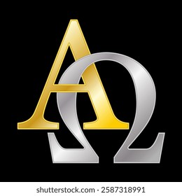 Golden and silver interlaced Alpha and Omega. First and last letter in the classical Greek alphabet, named in Book of Revelation, meaning Jesus has existed for all eternity, and that God is eternal.