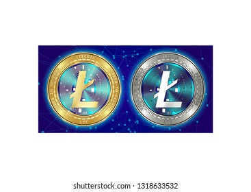 Golden and silver Litecoin (LTC) cryptocurrency coins on blockchain blue background. Litecoin (LTC) cryptocoin concept. Schematic blue blockchain