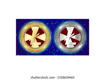 Golden and silver Litecoin (LTC) cryptocurrency coins on blockchain blue background. Litecoin (LTC) cryptocoin concept. Schematic blue blockchain