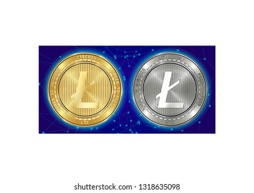 Golden and silver Litecoin (LTC) cryptocurrency coins on blockchain blue background. Litecoin (LTC) cryptocoin concept. Schematic blue blockchain