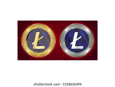 Golden and silver Litecoin (LTC) cryptocurrency coins on blockchain red background. Litecoin (LTC) cryptocoin concept. Schematic red blockchain