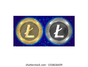Golden and silver Litecoin (LTC) cryptocurrency coins on blockchain blue background. Litecoin (LTC) cryptocoin concept. Schematic blue blockchain