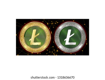 Golden and silver Litecoin (LTC) cryptocurrency coins on blockchain black background. Litecoin (LTC) cryptocoin concept. Schematic black blockchain