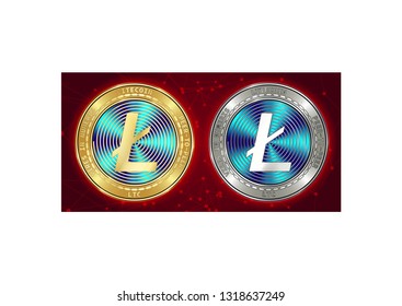 Golden and silver Litecoin (LTC) cryptocurrency coins on blockchain red background. Litecoin (LTC) cryptocoin concept. Schematic red blockchain