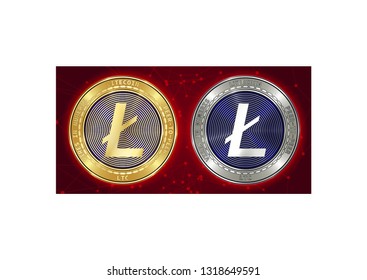 Golden and silver Litecoin (LTC) cryptocurrency coins on blockchain red background. Litecoin (LTC) cryptocoin concept. Schematic red blockchain