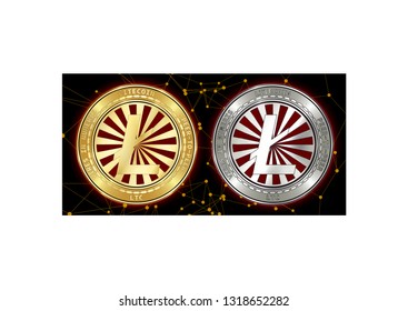 Golden and silver Litecoin (LTC) cryptocurrency coins on blockchain black background. Litecoin (LTC) cryptocoin concept. Schematic black blockchain