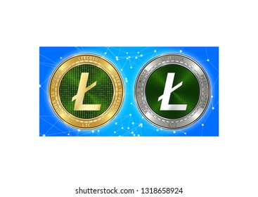 Golden and silver Litecoin (LTC) cryptocurrency coins on blockchain blue background. Litecoin (LTC) cryptocoin concept. Schematic blue blockchain