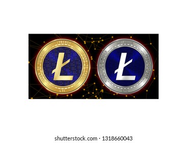 Golden and silver Litecoin (LTC) cryptocurrency coins on blockchain black background. Litecoin (LTC) cryptocoin concept. Schematic black blockchain