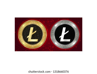 Golden and silver Litecoin (LTC) cryptocurrency coins on blockchain red background. Litecoin (LTC) cryptocoin concept. Schematic red blockchain