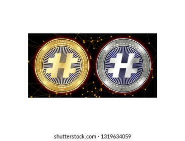 Golden and silver MetaHash (MHC) cryptocurrency coins on blockchain black background. MetaHash (MHC) cryptocoin concept. Schematic black blockchain