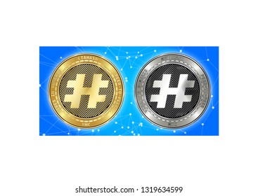 Golden and silver MetaHash (MHC) cryptocurrency coins on blockchain blue background. MetaHash (MHC) cryptocoin concept. Schematic blue blockchain