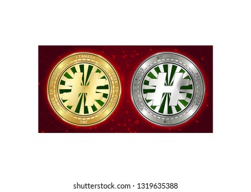 Golden and silver MetaHash (MHC) cryptocurrency coins on blockchain red background. MetaHash (MHC) cryptocoin concept. Schematic red blockchain