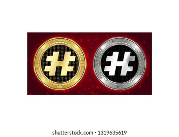 Golden and silver MetaHash (MHC) cryptocurrency coins on blockchain red background. MetaHash (MHC) cryptocoin concept. Schematic red blockchain