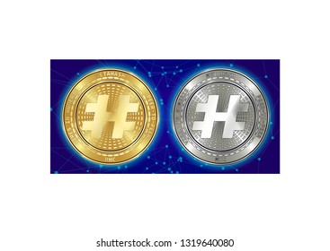 Golden and silver MetaHash (MHC) cryptocurrency coins on blockchain blue background. MetaHash (MHC) cryptocoin concept. Schematic blue blockchain