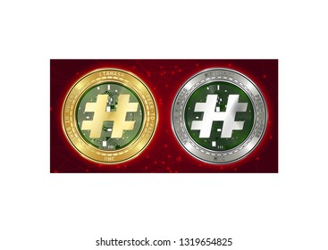 Golden and silver MetaHash (MHC) cryptocurrency coins on blockchain red background. MetaHash (MHC) cryptocoin concept. Schematic red blockchain