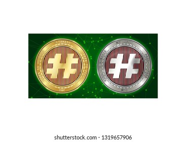 Golden and silver MetaHash (MHC) cryptocurrency coins on blockchain green background. MetaHash (MHC) cryptocoin color concept. Schematic green blockchain