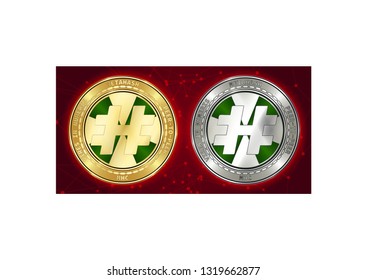 Golden and silver MetaHash (MHC) cryptocurrency coins on blockchain red background. MetaHash (MHC) cryptocoin concept. Schematic red blockchain