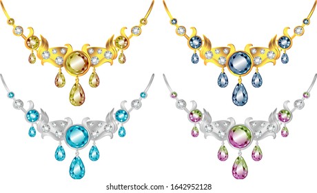 Golden and silver necklace with gems realistic illustrations set. Luxury jewellery items with diamonds and topaz stones isolated on white background. Platinum necklace with precious gemstones