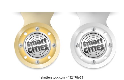 Golden and silver object and icon of smart cities