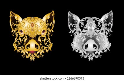 Golden and silver pig heads decorated with baroque metal elements 