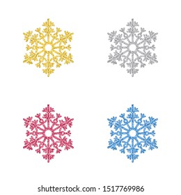 Golden, silver, red, blue glittering snowflakes on white background, vector illustration. Christmas snowflakes.