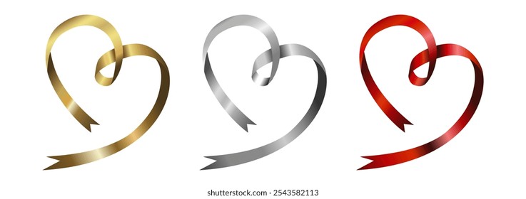 Golden, silver, red of serpentine, ribbon streamer the shape of a heart in isolated on white background. Design element For greeting with Christmas, New Year, Mother's Day, Valentine's