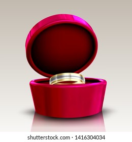 Golden And Silver Ring In Round Red Box Vector. Special Symbolic Of Eternity And Relationship Ring For Young Newly Couple Engaged. Shine Luxury Accessory For Marriage Realistic 3d Illustration