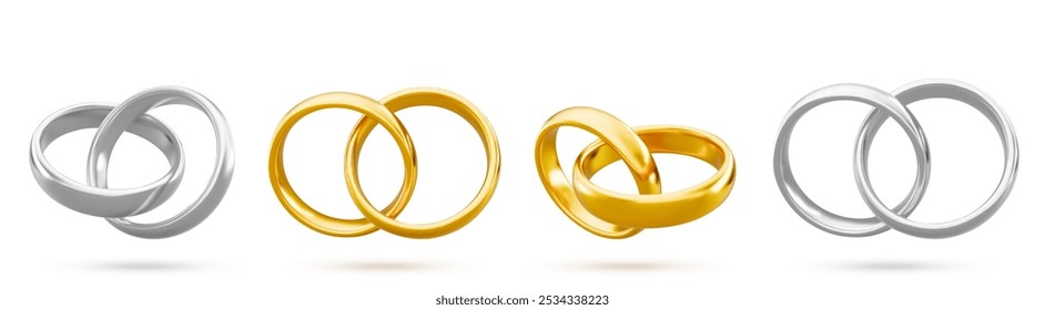 Golden and silver rings set isolated on white background. Vector realistic illustration of engagement or wedding gift, romantic symbol of eternal love and unity, luxury platinum and gold metal jewelry