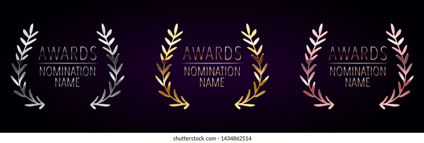 Golden, silver and rose gold award signs with laurel wreath isolated on purple background. Vector award design templates set. Hand drawn vector circle design element. Shiny glittering leaves branches.