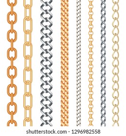 Golden and silver seamless chain set isolated on white background. Fashion collection. Vector illustration.