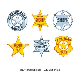 Juego de insignias de sheriff dorado y plateado. Ilustración vectorial de estrellas de cinco y seis puntos