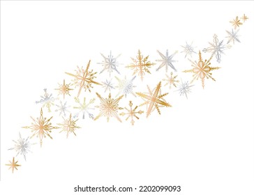 Golden and silver snowflakes in flight. Concept graphic design element. White background. Vector isolated illustration.
