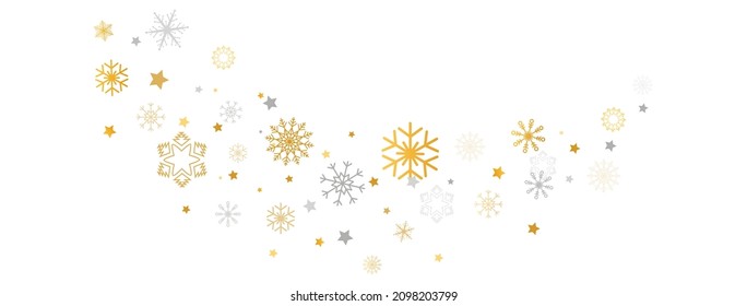 Golden and silver snowflakes wave with different ornament. Snowflake and star falling on white background. Luxury Christmas frame. Winter ornament for packaging, cards. Vector illustration.