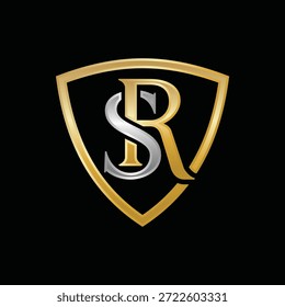 Logotipo del escudo del monograma del SR de oro y de plata