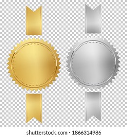 Golden and silver stamps with vertical ribbons isolated on white background. Luxury chrome seals. Vector design elements