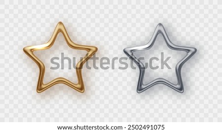 Golden and silver star frame. Realistic vector New Year and Christmas design. Trophy star icon