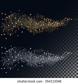 Golden and silver star with twinkling  trail. Cosmic glittering wave.