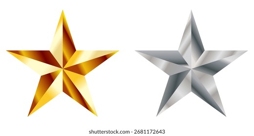Estrela de ouro e prata Ilustração de vetor. Estrela de Natal. Realista 3d metálico dourado, elemento de design de prata