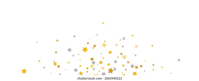 Golden and silver stars confetti on white background. Starry frame. Glitter elegant design element. Gold shooting star. Stardust trail. Galaxy magic decoration. Christmas texture. Vector illustration.