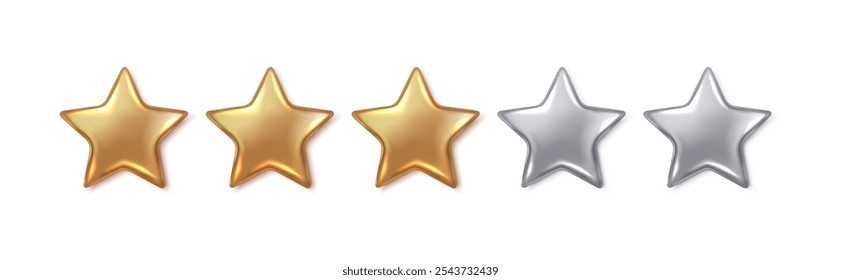 Golden and silver stars of customer rating realistic vector illustration. Visual representation of quality 3d objects on white background