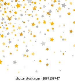 Golden and silver stars falling on white background. Glitter elegant design elements. Gold shooting stars. Magic decoration. Christmas texture. Celebration banner. Vector illustration.