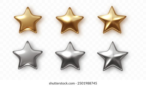 Golden and silver stars. Realistic vector new year and Christmas design. Realistic metallic award star.