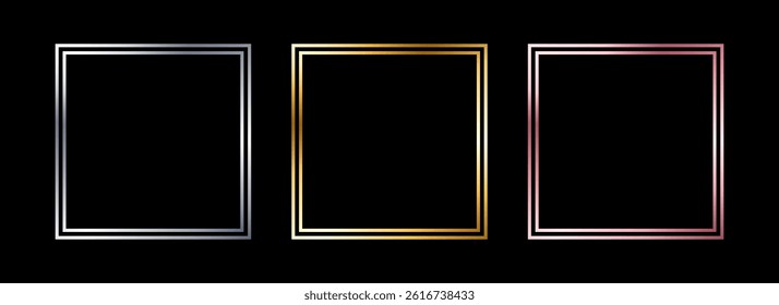 Golden and silver thin frame set. Shiny metal foil border collection. Gold glowing geometric boarder bundle in art deco style. Linear rectangular element pack for photo, cadre, card, emblem. Vector 