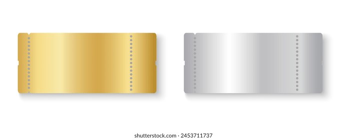 Golden and silver ticket mockups. Shining metallic raffle, win lottery, coupon offer, jackpot lotto templates. Entrance or seating cards in exclusive luxury style. Vector illustration.